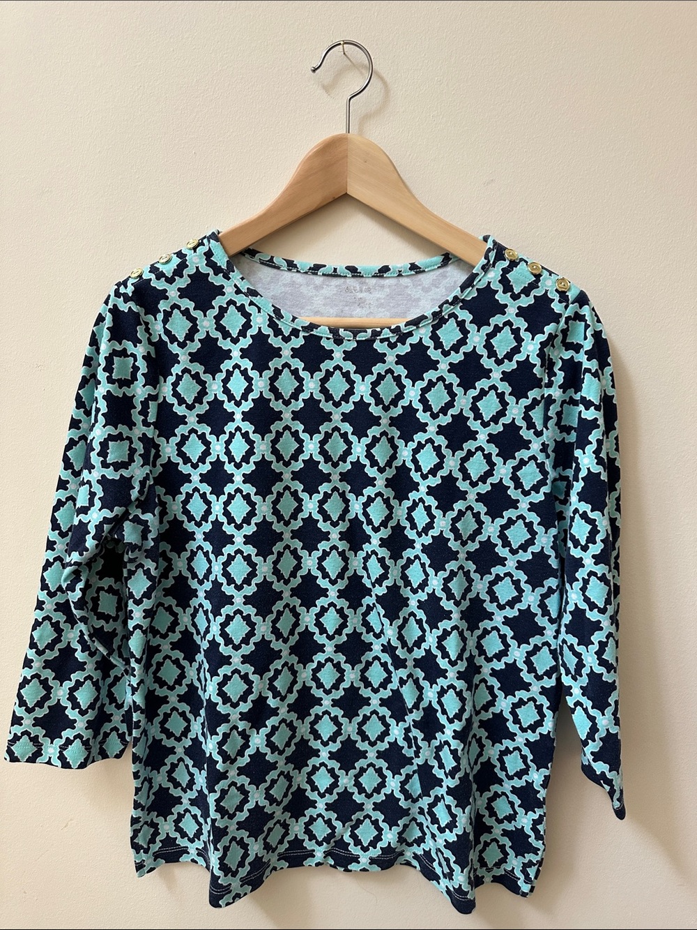 Alia Navy and Aqua Patterned Crewneck Top